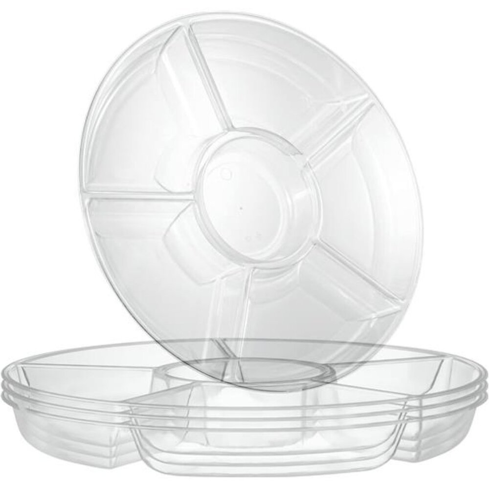 PLASTICPRO 6 Sectional Round Plastic Serving Tray/Platters Clear Pack of 2